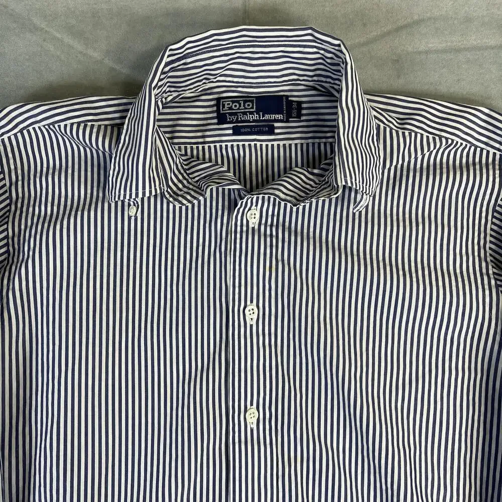 Vintage Polo Ralph Lauren Dress Shirt Mens 15.5-34 Blue White Striped Button 90s